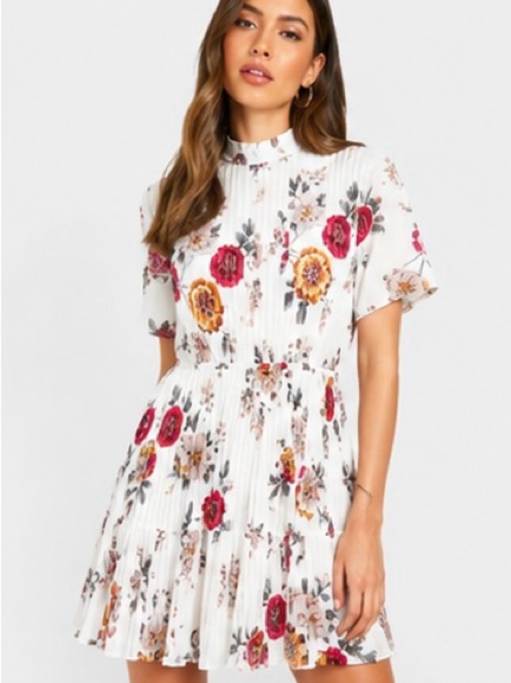 Boohoo White Pleated Mini Dress with Floral print